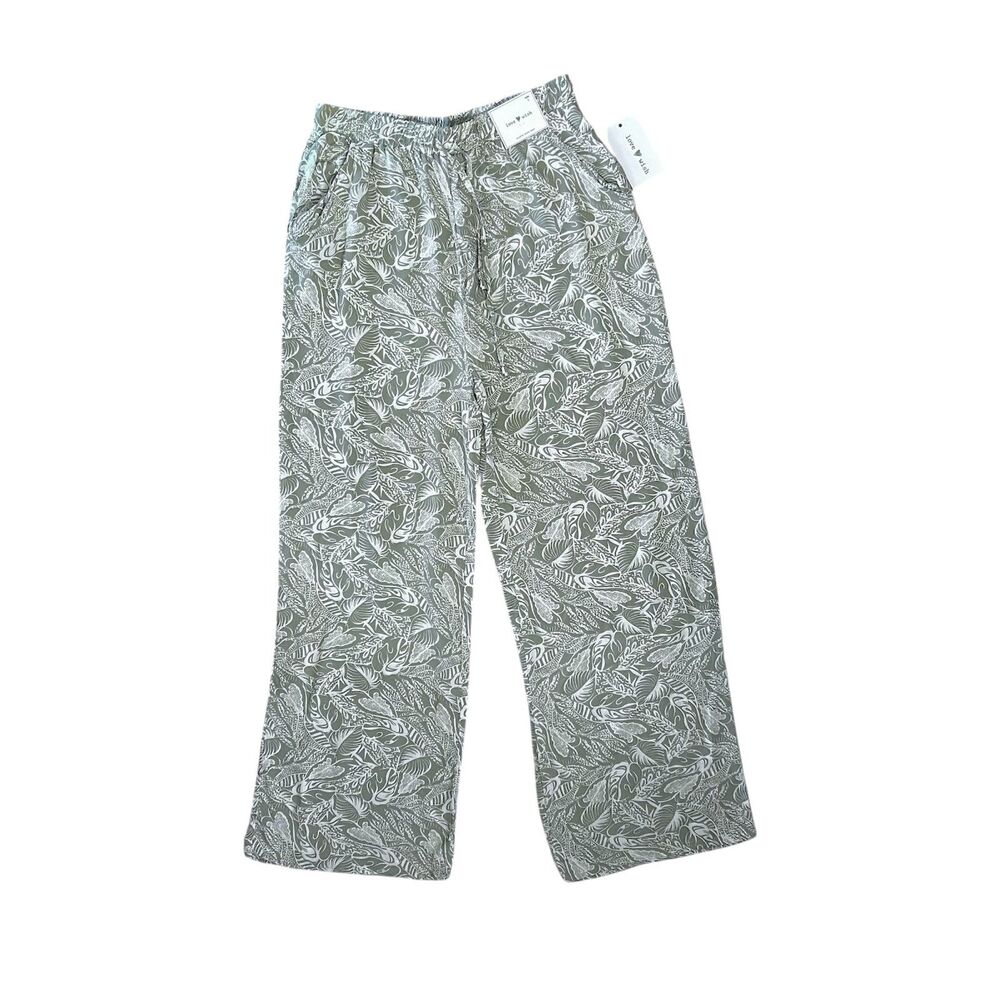Love Wish Green Tropical Leaf Print Pants Size L NWT Elastic Waist Lightweight